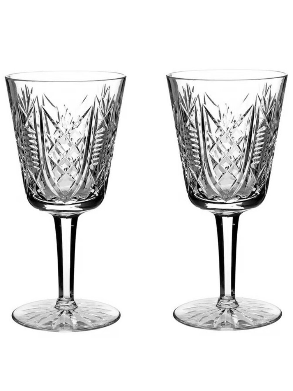 Set /Pair of 2: Vtg Waterford Clare 7" Tall Cut Glass Water Goblets Crystal Stem